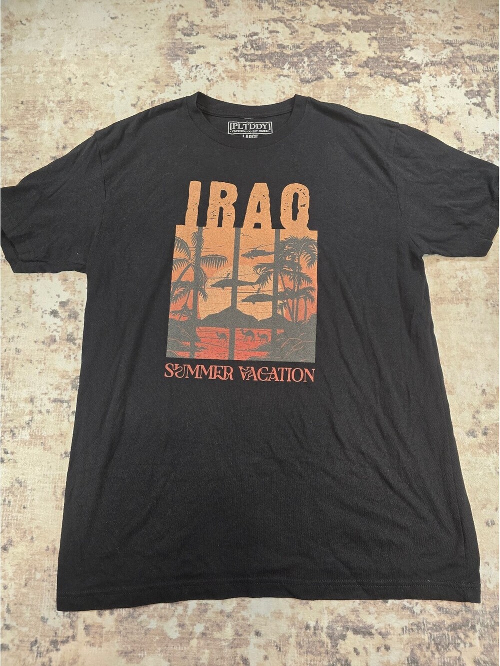 PLTDDY Large Black Iraq Summer Vacation T-Shirt (A2 020)
